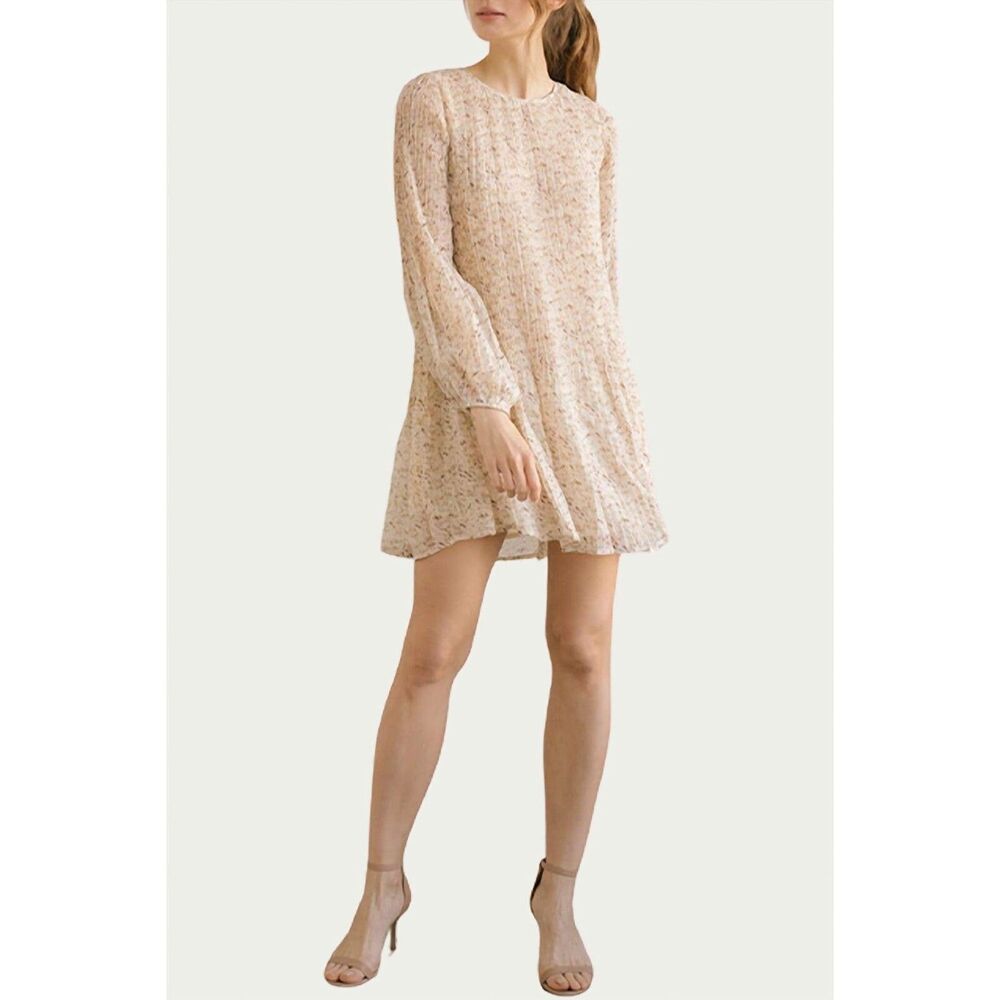 Storia Floral-Print Chiffon Tunic Mini Dress Size Medium Beige Pleated Lined